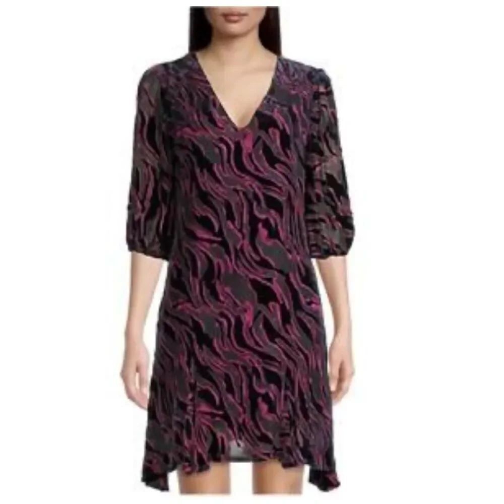 Johnny Was Tavi Black Magenta Silk Velvet Burnout Abstract Print Mini Dress SM